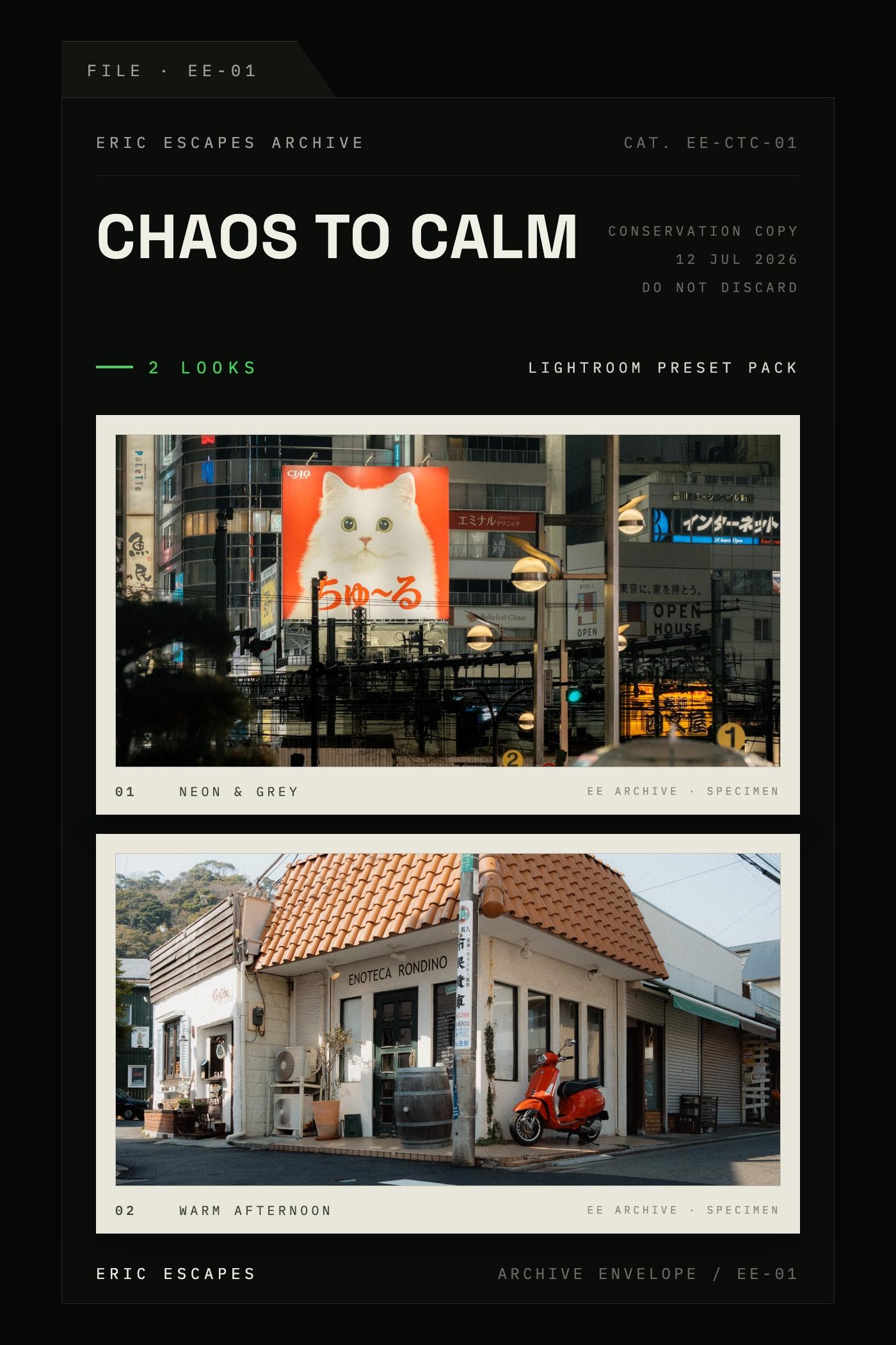 Chaos to Calm — Lightroom preset pack, Eric Escapes archive cover