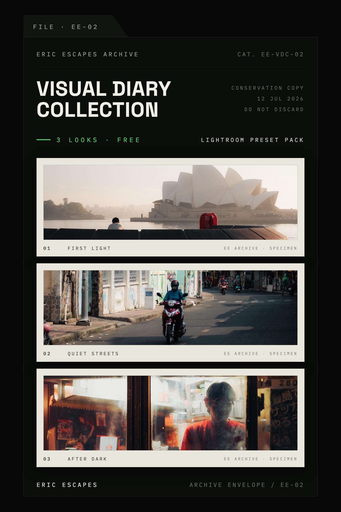 Visual Diary Collection — Lightroom preset pack, Eric Escapes archive cover